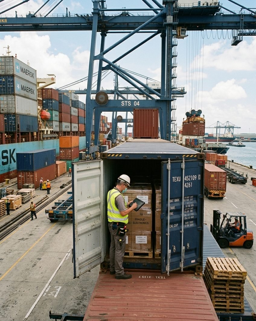 Perito de Lyon inspeccionando la carga de un contenedor en el puerto